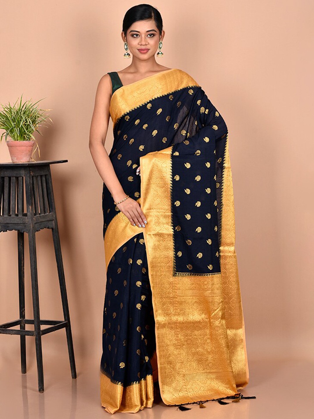 

AllSilks Navy Blue & Yellow Woven Design Zari Dupion Silk Saree