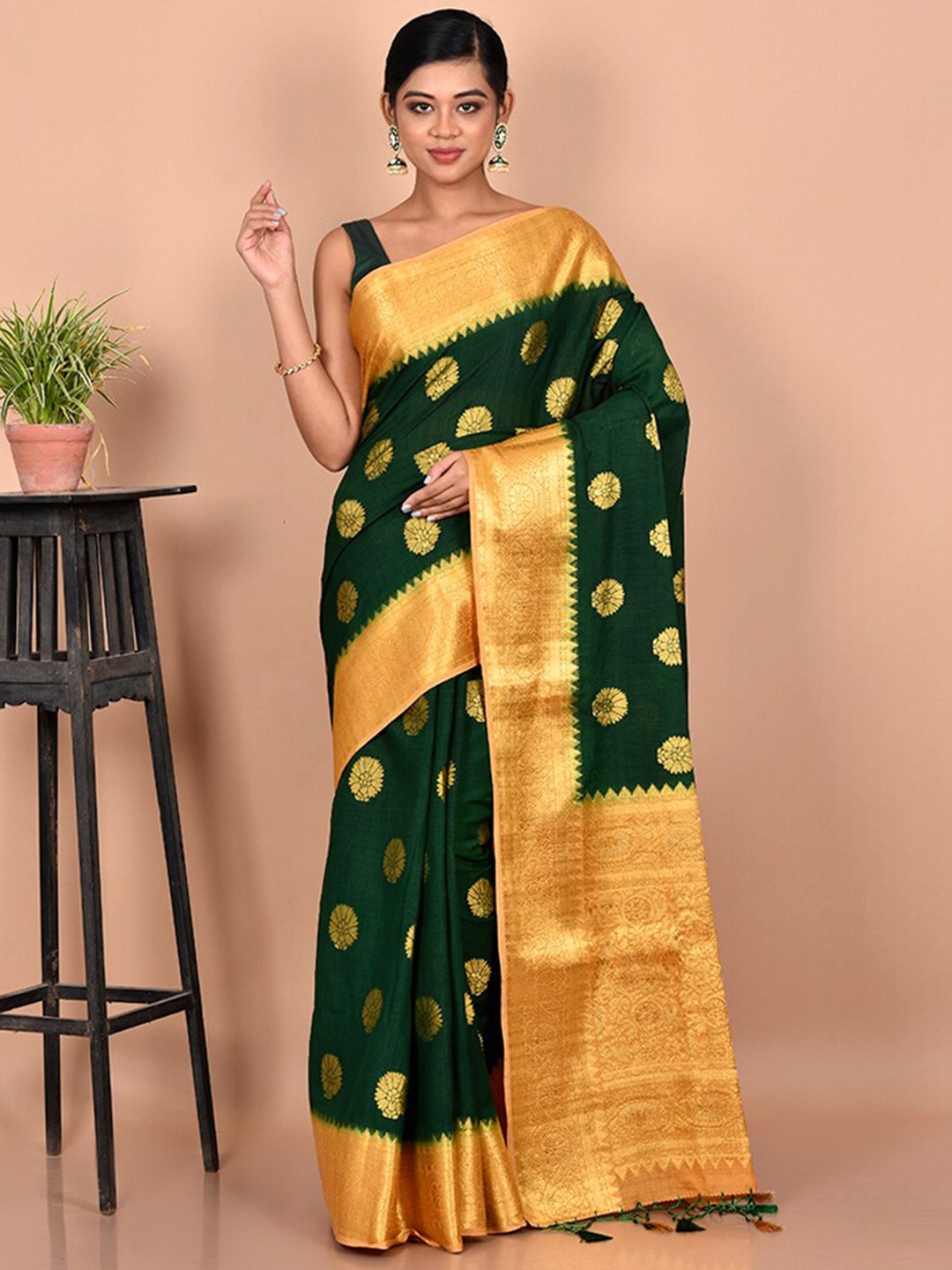 

AllSilks Green & Mustard Yellow Woven Design Zari Dupion Silk Saree