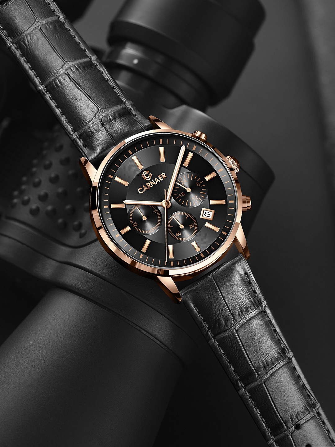 

Carnaer Men Black Dial & Black Leather Straps Analogue Chronograph Watch