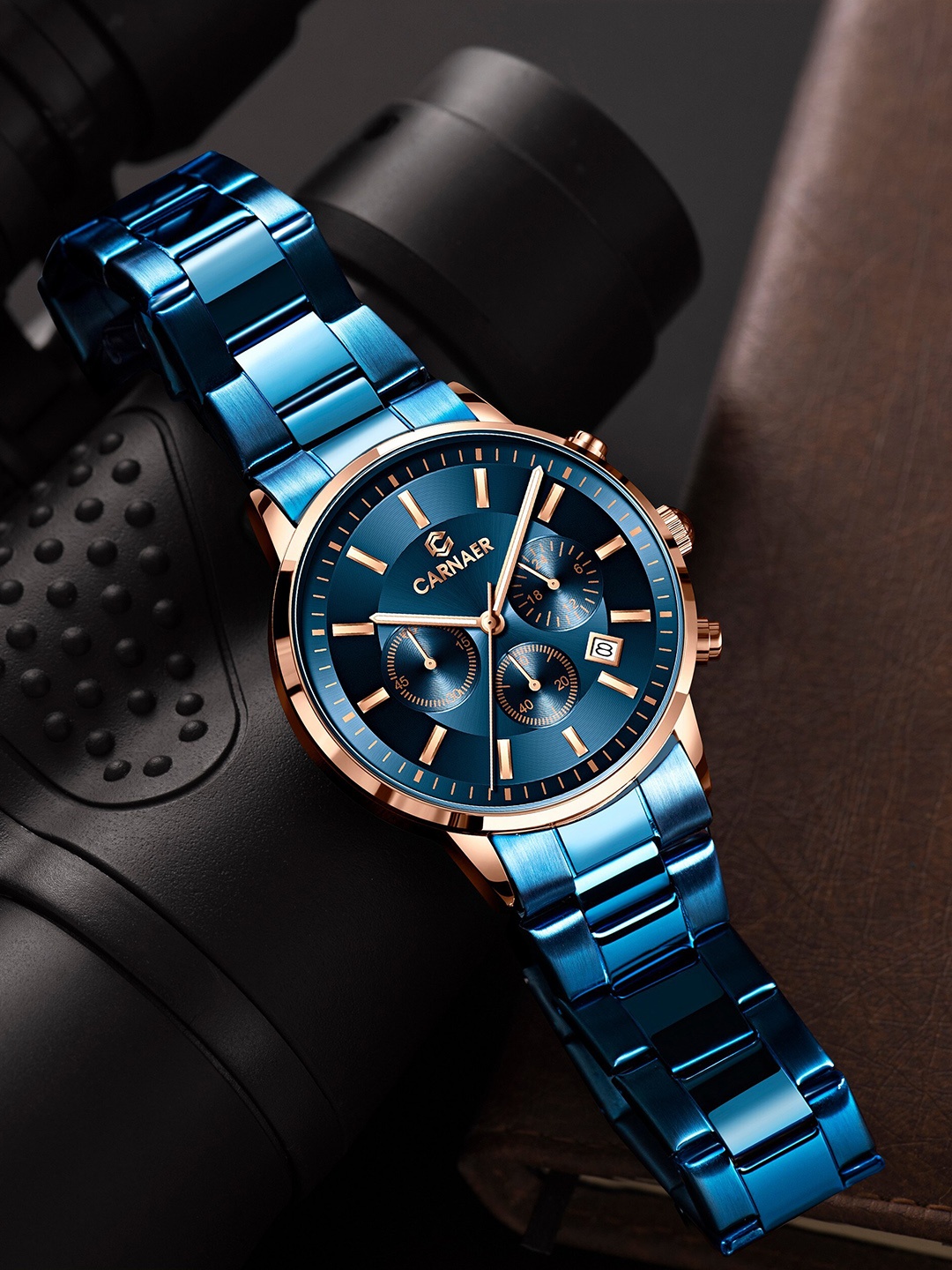 

Carnaer Men Black Dial & Black Stainless Steel Bracelet Style Straps Analogue Chronograph Watch, Blue