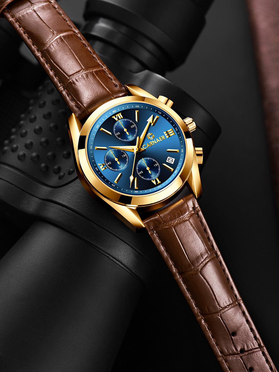

Carnaer Men Blue Dial & Brown Leather Textured Straps Analogue Chronograph Watch CN2271-L