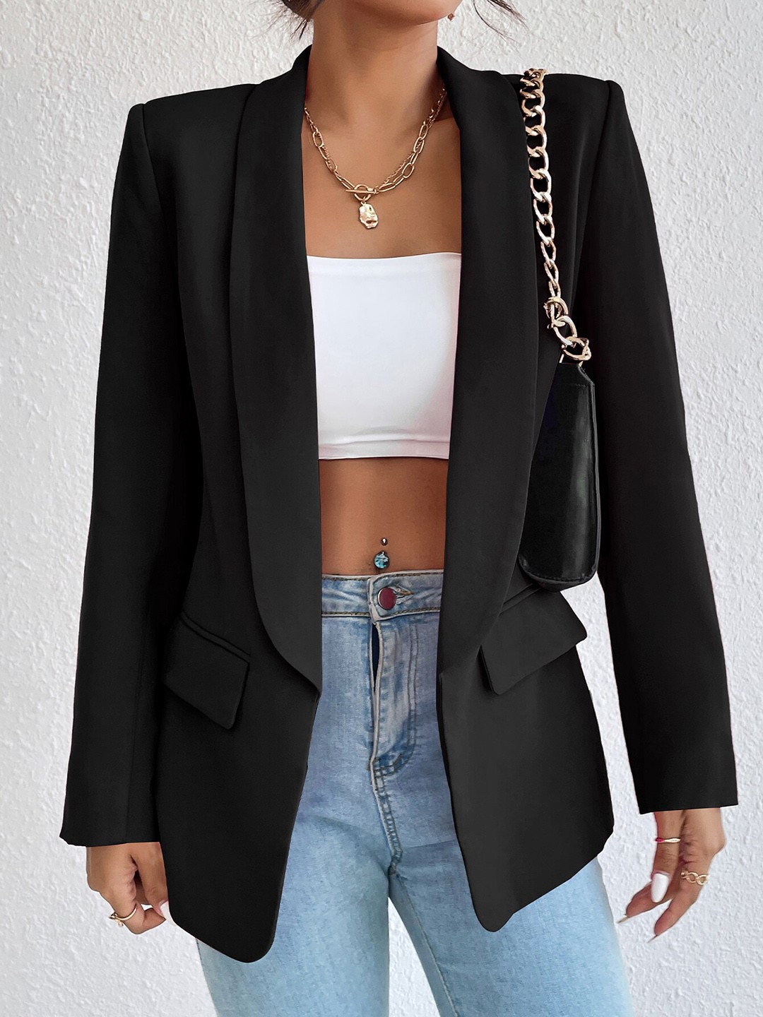 

BoStreet Women Black Longline Open Front Jacket