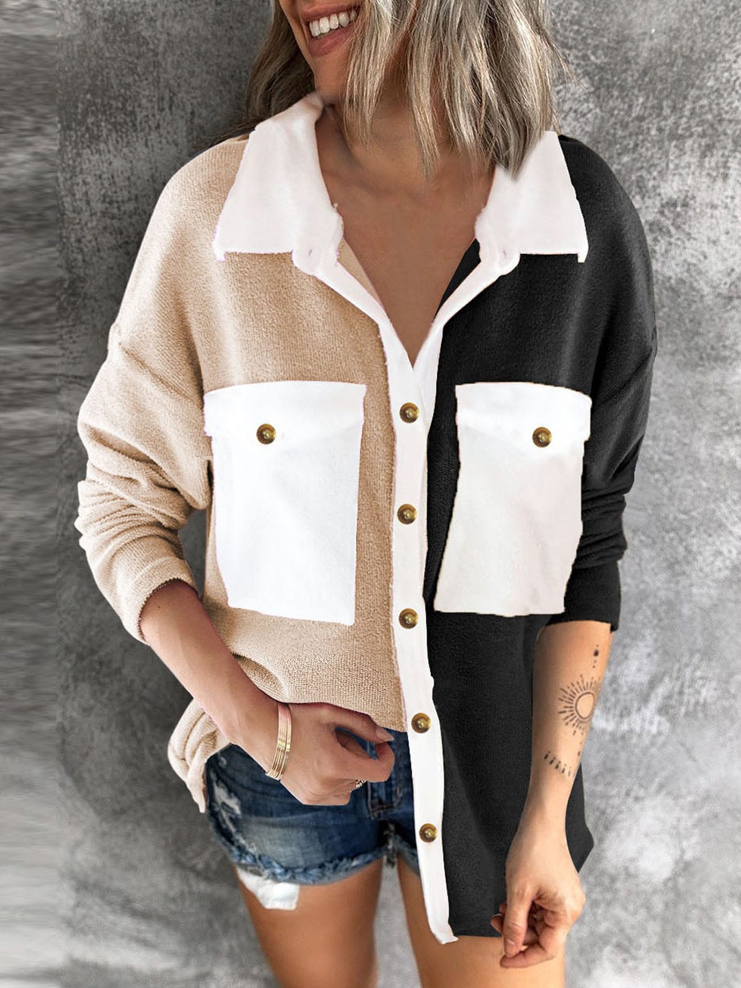 

BoStreet Women Black & Beige Cotton Colourblocked Longline Tailored Jacket