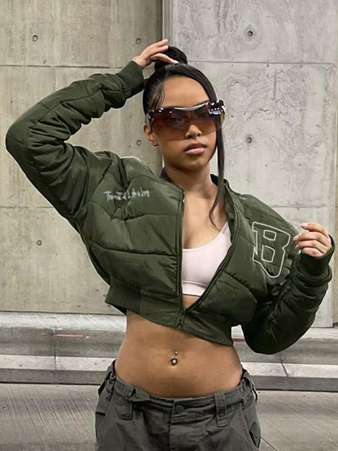 

BoStreet Women Green White Typography Crop Open Front Jacket