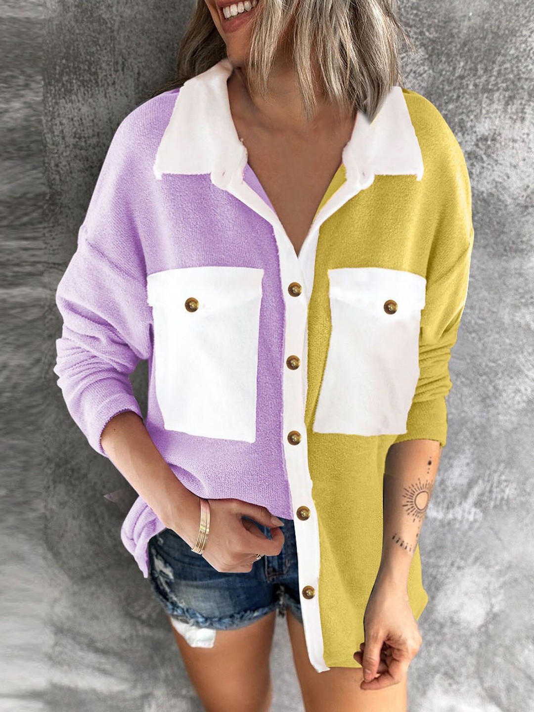 

BoStreet Women Purple Green Colourblocked Longline Tailored Jacket with Patchwork