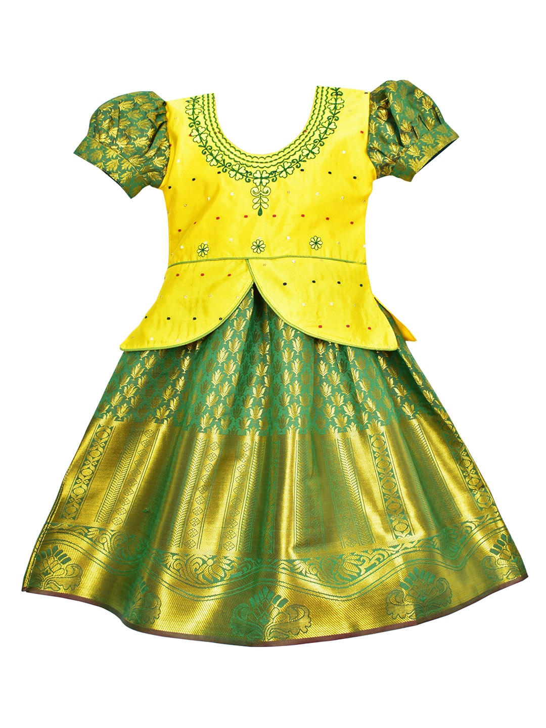 

AMIRTHA FASHION Girls Yellow & Green Embroidered Ready to Wear Lehenga & Blouse