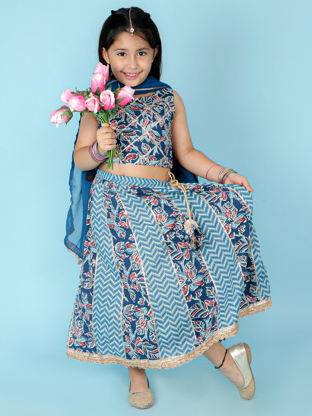 

KID1 Girls Blue & White Cotton Printed Ready to Wear Lehenga & Blouse With Dupatta