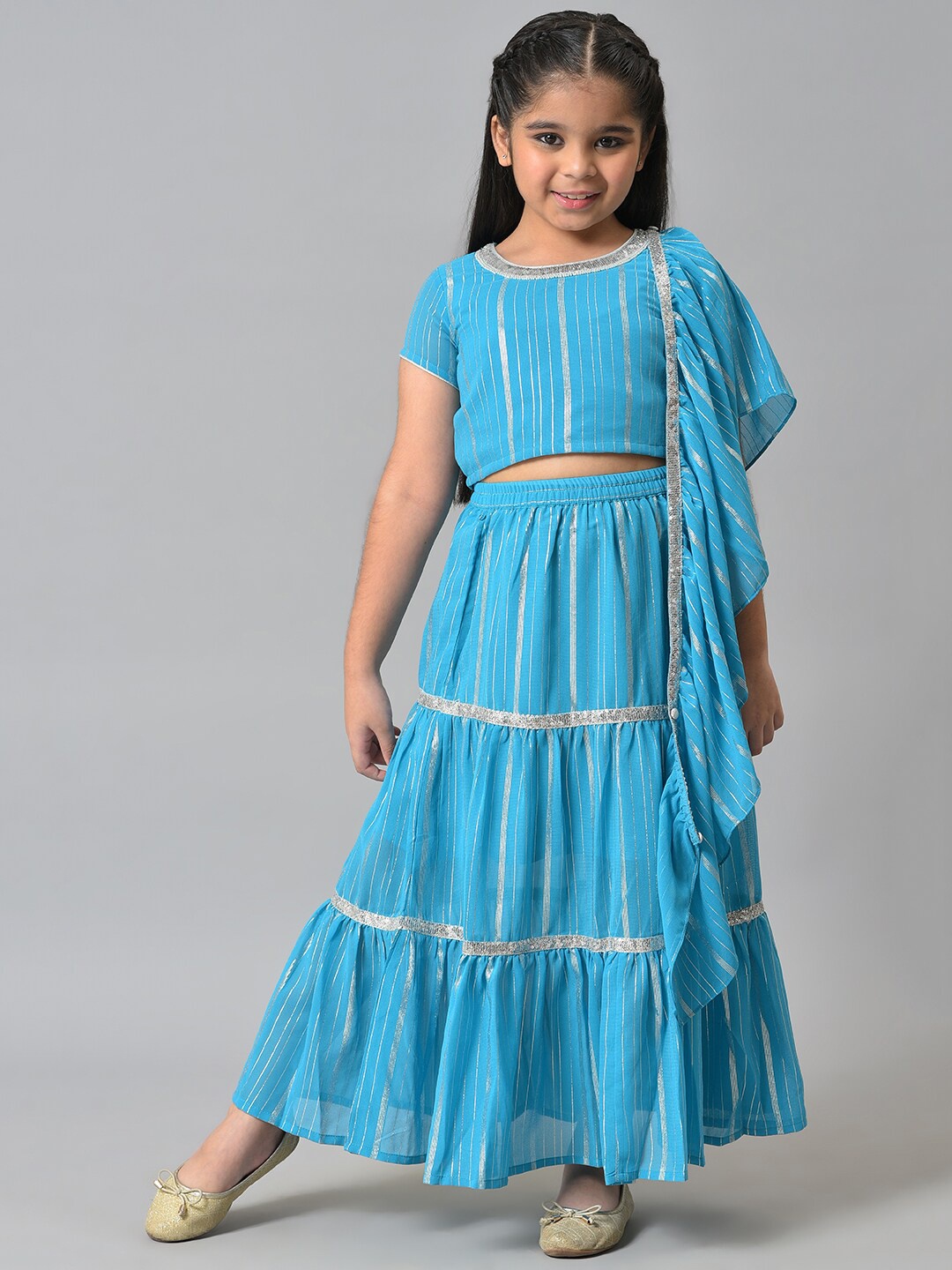 

AURELIA Girls Blue & Gold Toned Printed Top with Skirt