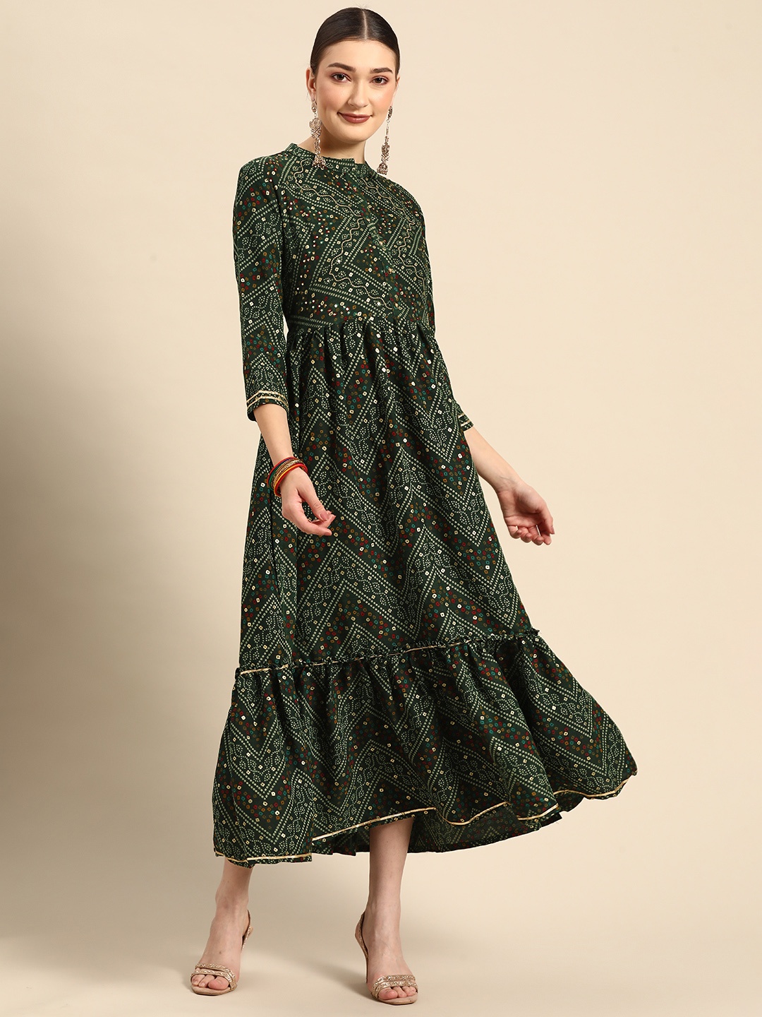 

Sangria Green Ethnic Motifs Fit & Flare Maxi Dress