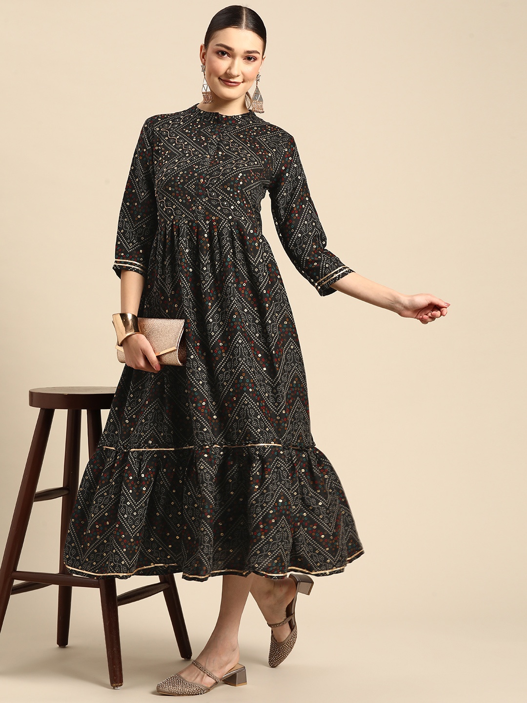 

Sangria Black Ethnic Motifs Fit & Flare Midi Dress