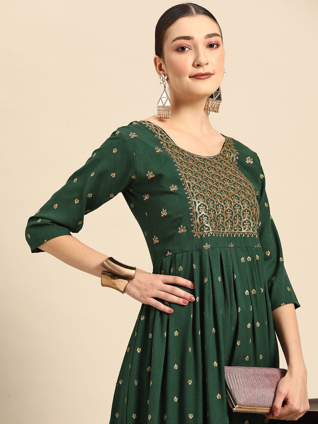 

Sangria Green Ethnic Motifs Embroidered A-Line Midi Dress