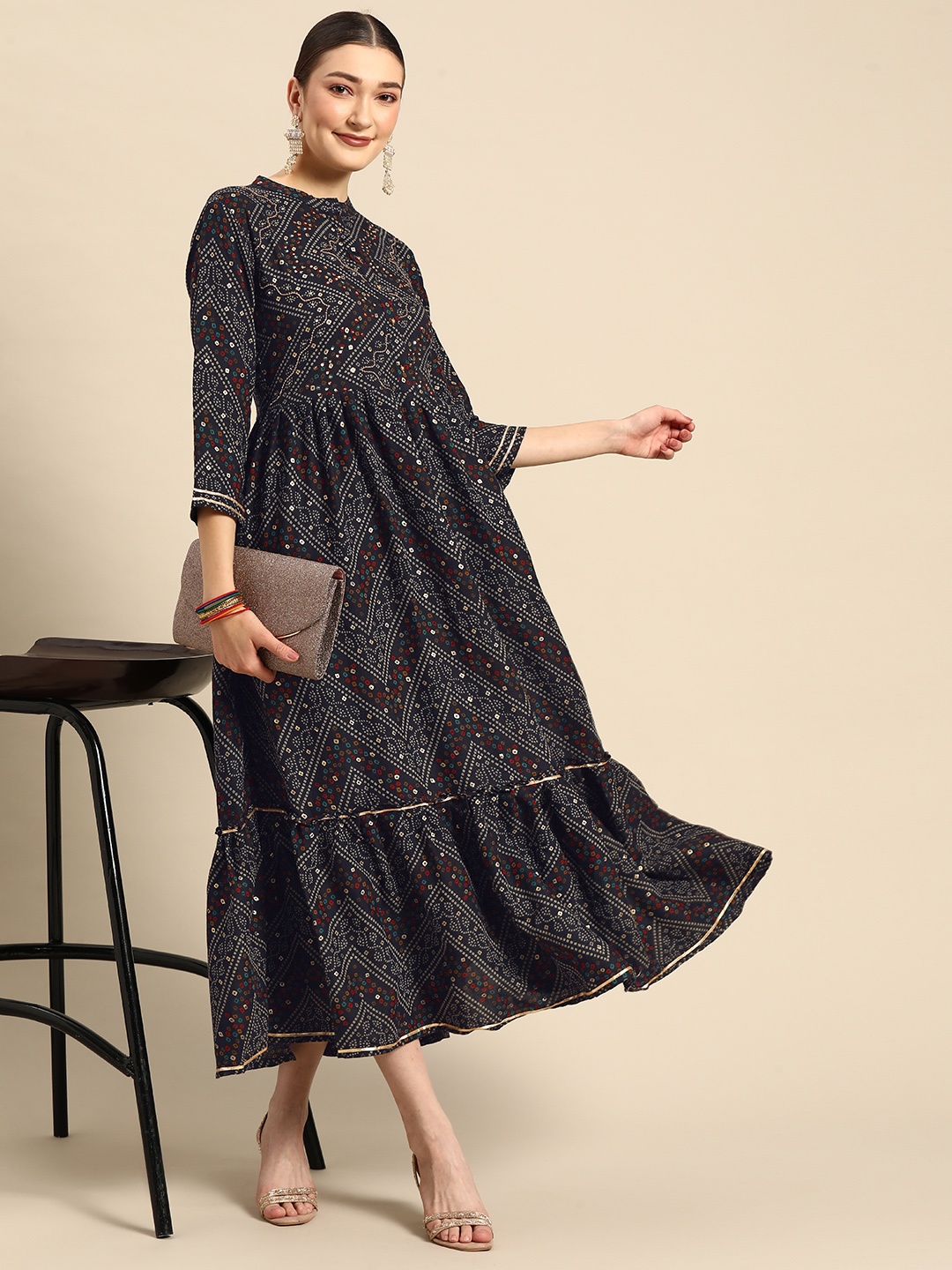 

Sangria Blue Ethnic Motifs Embroidered Fit & Flare Midi Dress