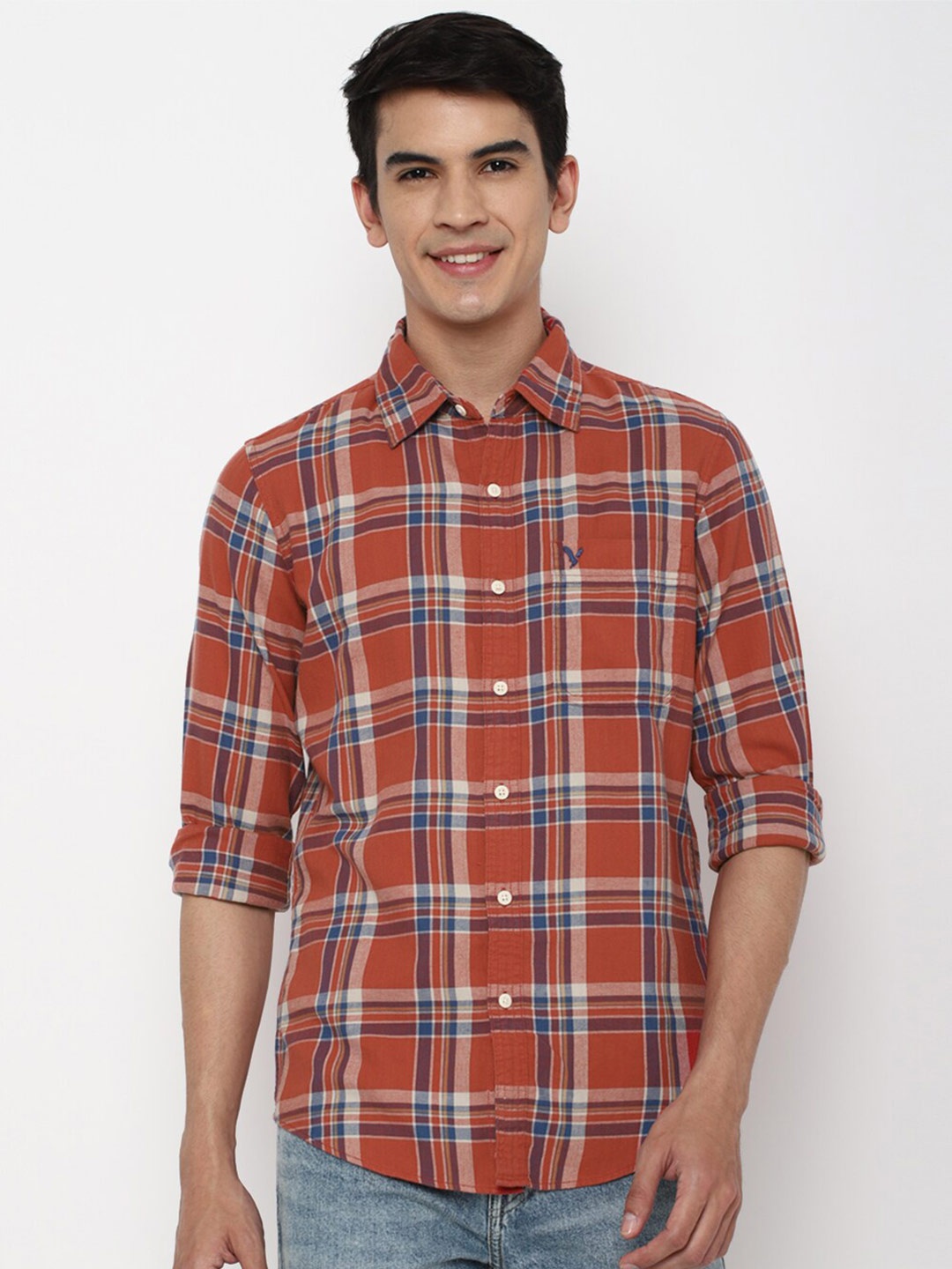 

AMERICAN EAGLE OUTFITTERS Men Rust & Blue Checked Cotton Casual Shirt