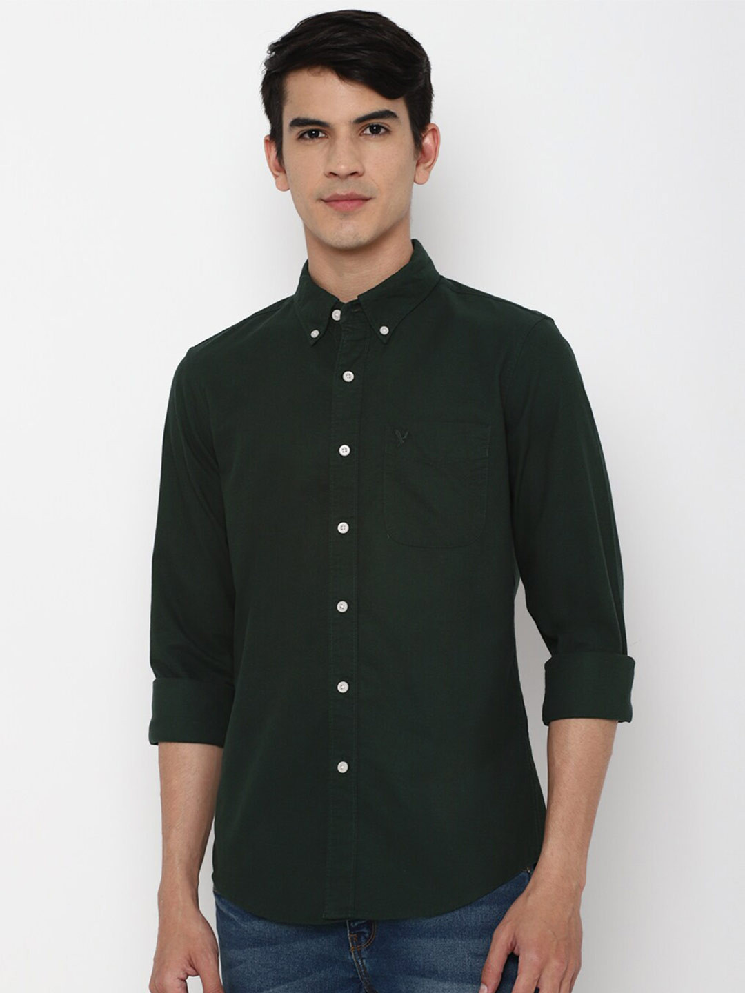 

AMERICAN EAGLE OUTFITTERS Men Green Solid Slim Fit Cotton Casual Shirt