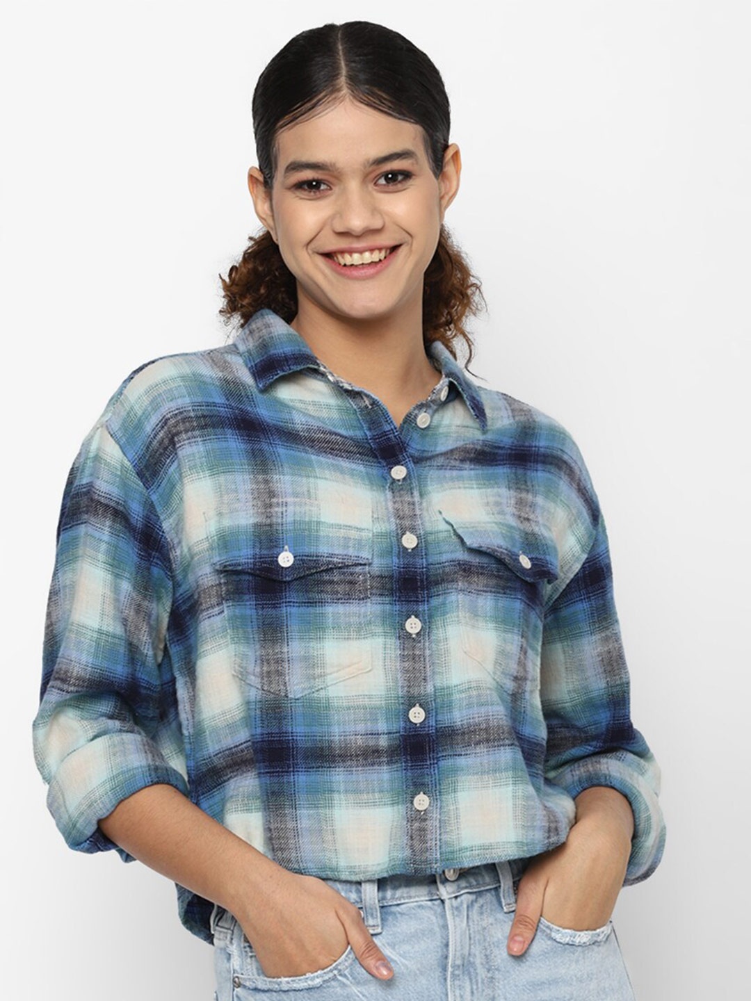 

AMERICAN EAGLE OUTFITTERS Women Blue & Sea Green Checked Cotton Casual Shirt