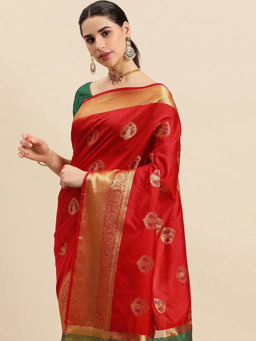 

SANGAM PRINTS Ethnic Motifs Woven Design Pure Silk Saree, Red