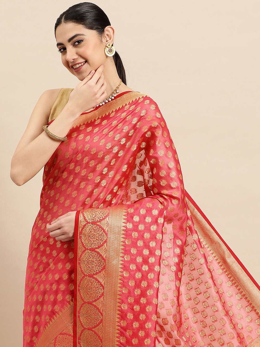

SANGAM PRINTS Ethnic Motifs Zari Organza Saree, Pink