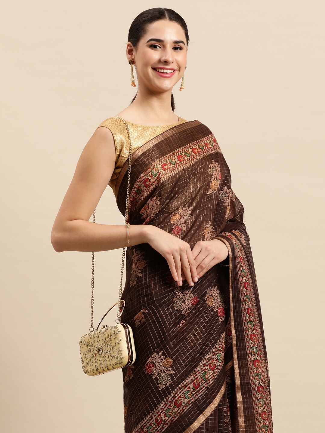 

SANGAM PRINTS Floral Saree, Brown