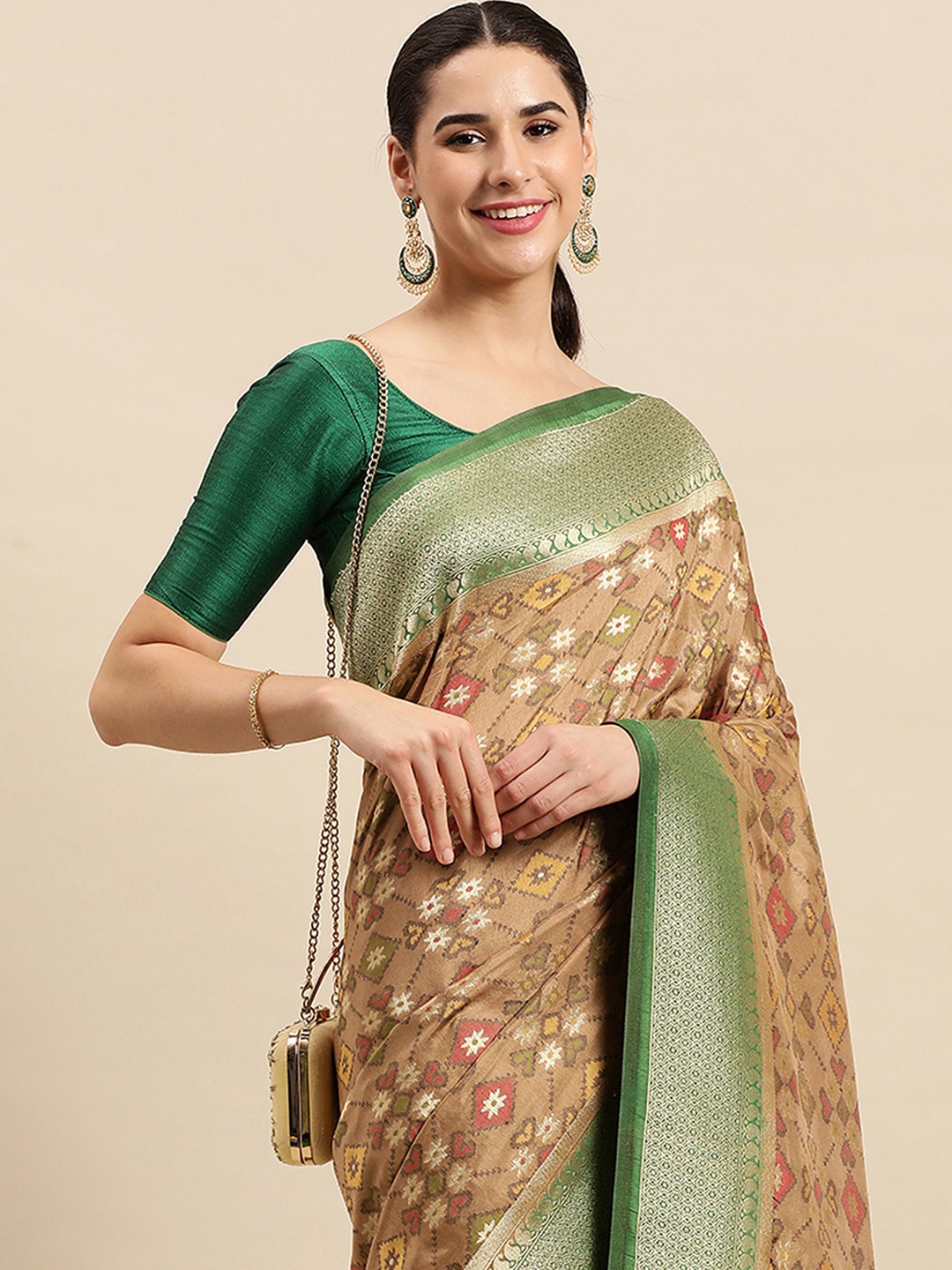 

SANGAM PRINTS Geometric Printed Pure Silk Saree, Beige