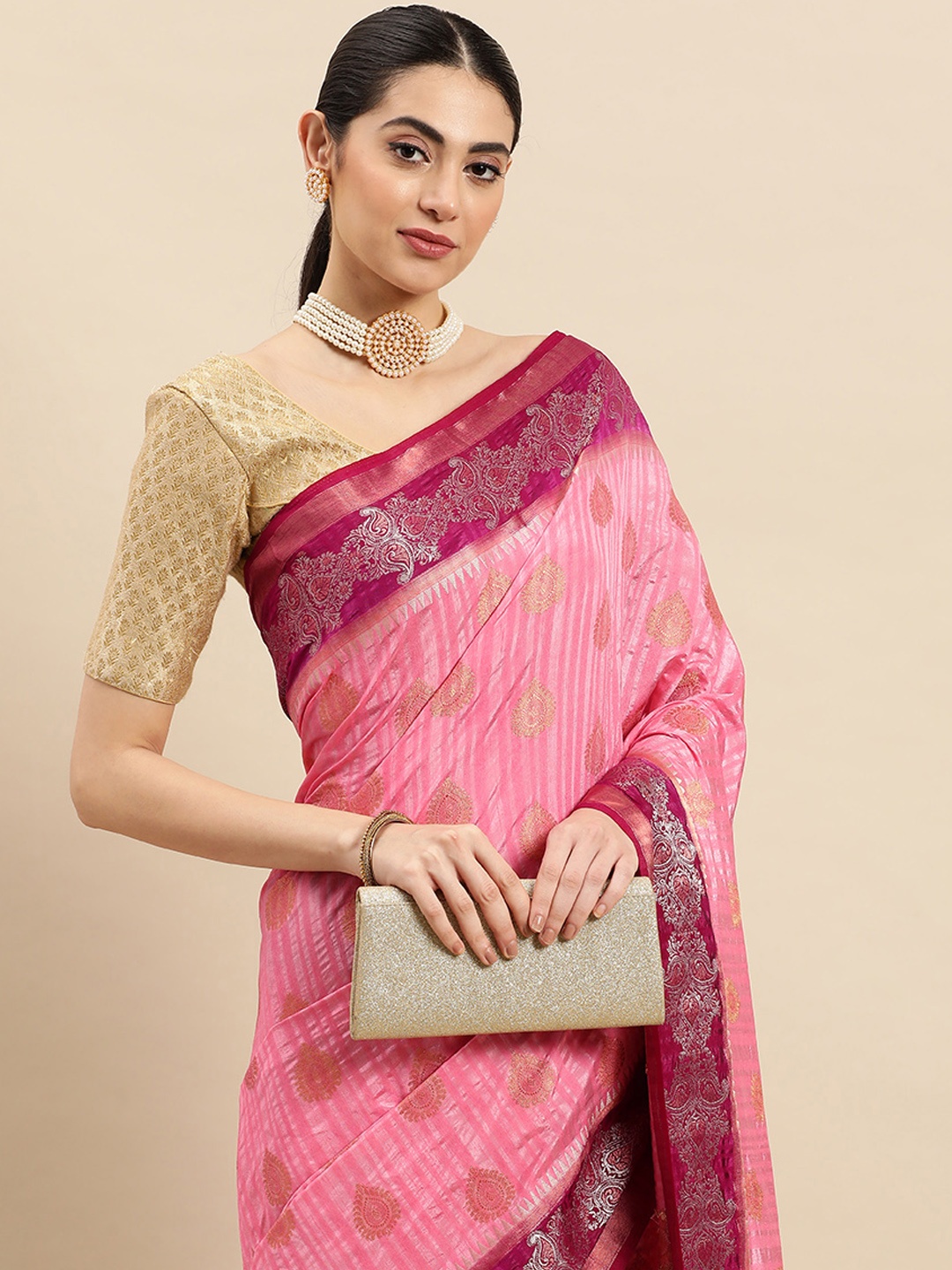 

SANGAM PRINTS Ethnic Motifs Zari Pure Silk Saree, Pink