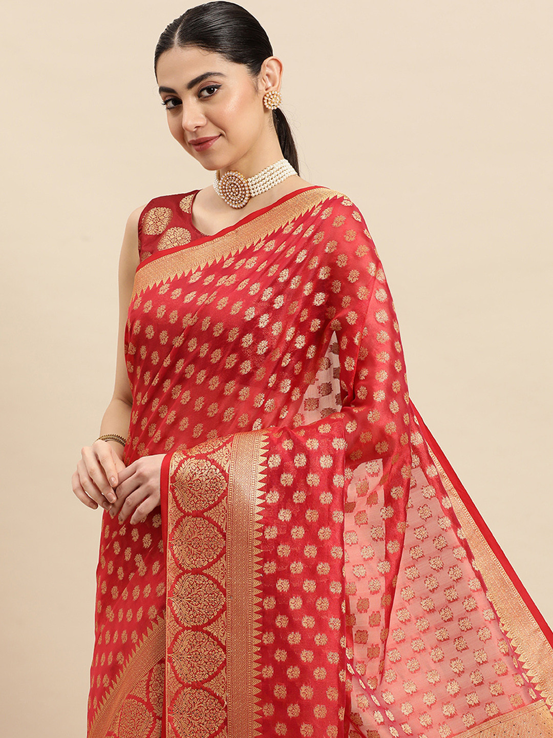 

SANGAM PRINTS Ethnic Motifs Zari Organza Saree, Red