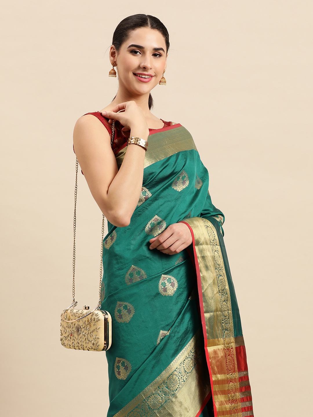 

SANGAM PRINTS Ethnic Motifs Woven Design Pure Silk Saree, Blue