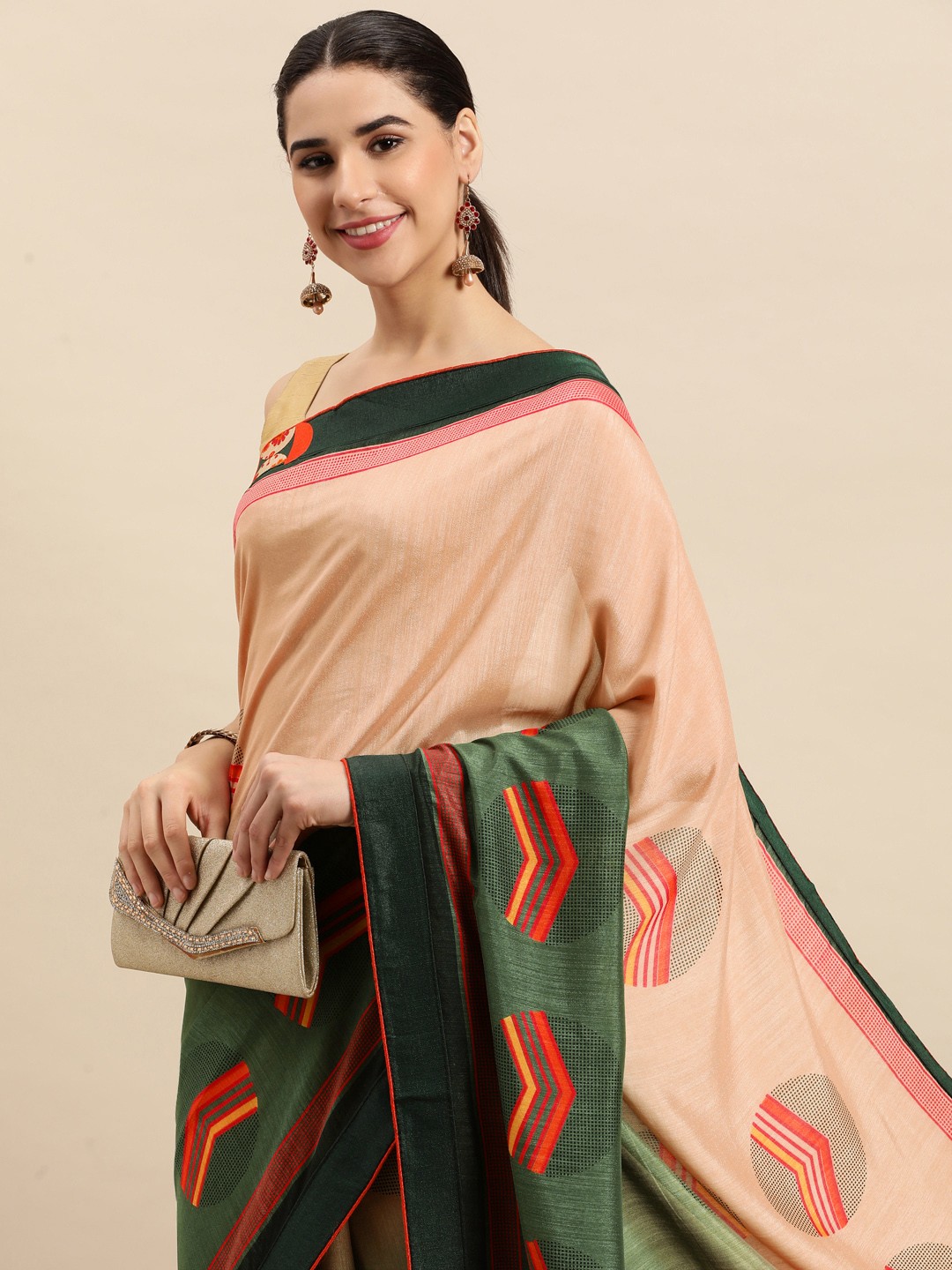 

SANGAM PRINTS Printed Half & Half Silk Blend Saree, Beige
