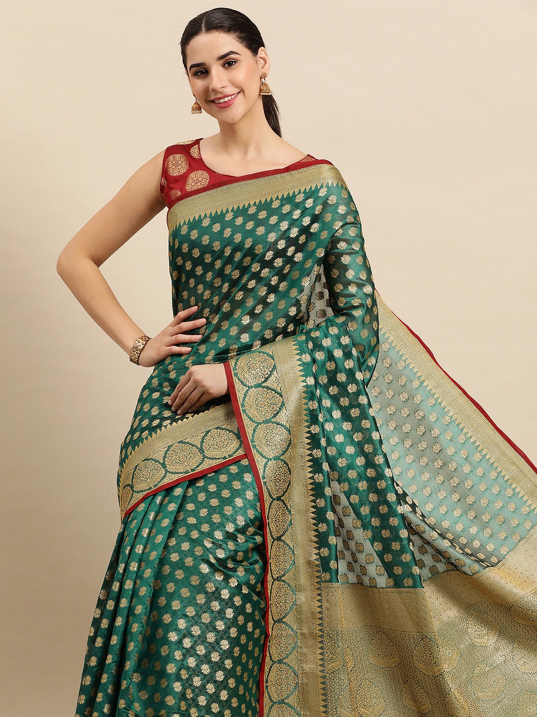 

SANGAM PRINTS Ethnic Motifs Woven Design Organza Saree, Green