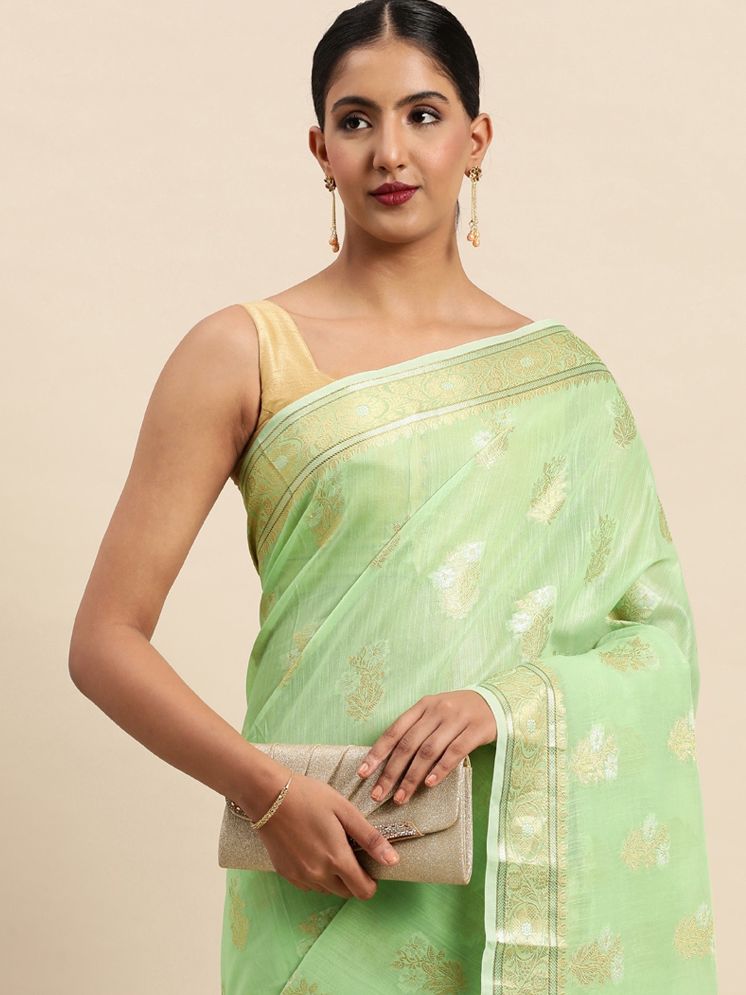 

SANGAM PRINTS Floral Design Cotton Saree, Green