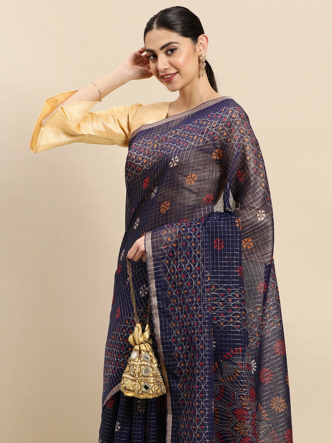 

SANGAM PRINTS Floral Saree, Navy blue