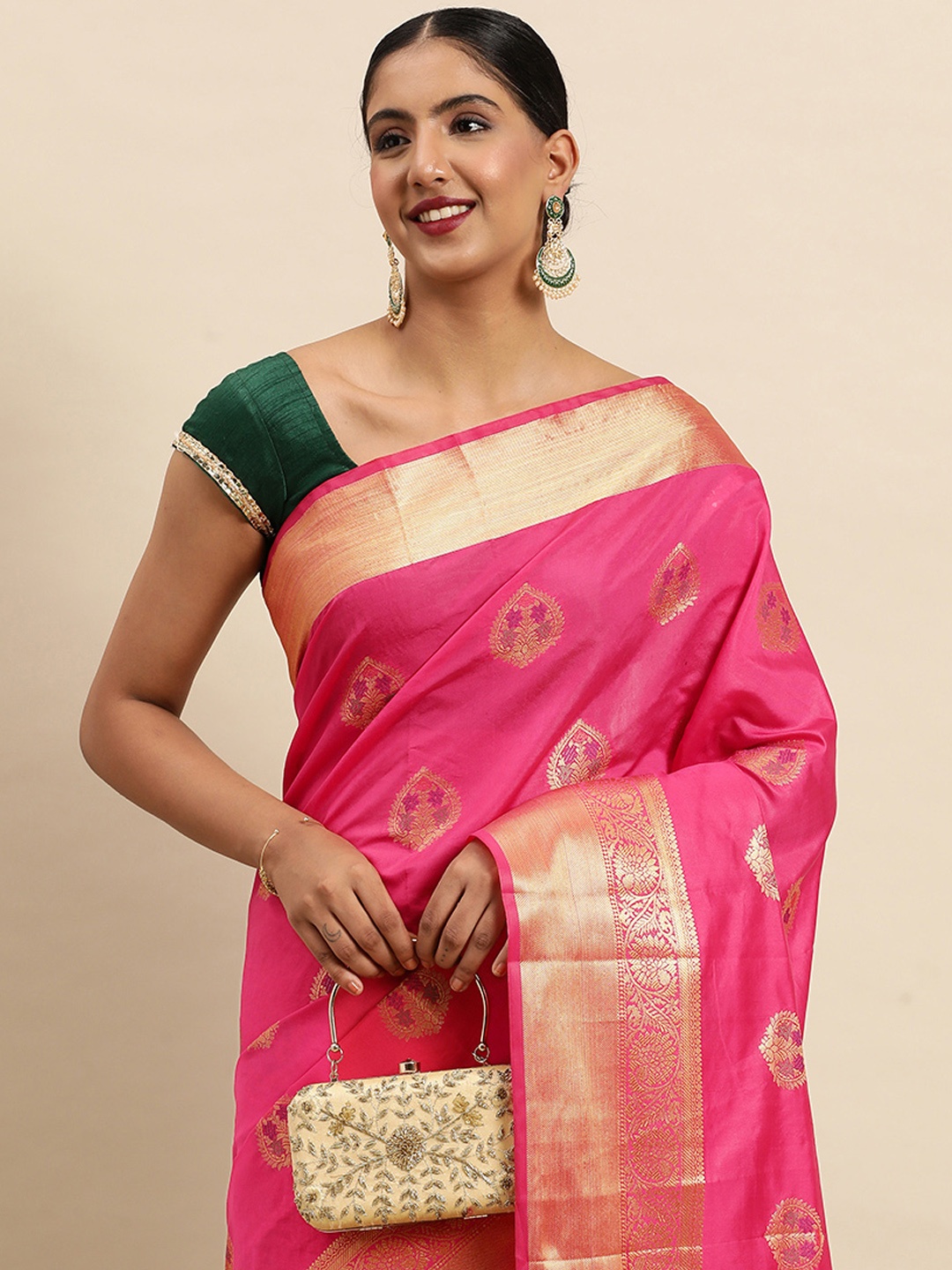 

SANGAM PRINTS Ethnic Motifs Woven Design Pure Silk Saree, Pink