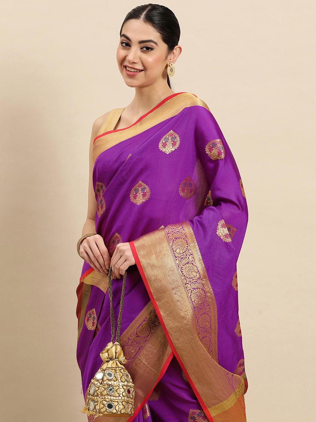 

SANGAM PRINTS Ethnic Motifs Zari Pure Silk Saree, Purple