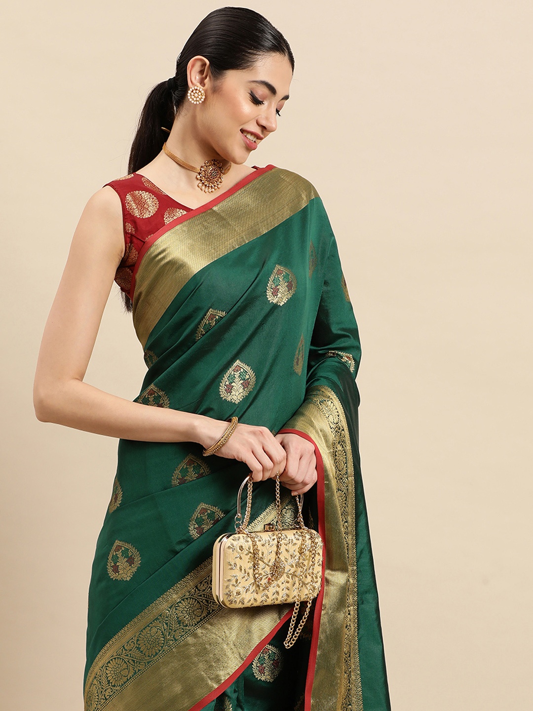 

SANGAM PRINTS Ethnic Motifs Zari Pure Silk Saree, Green