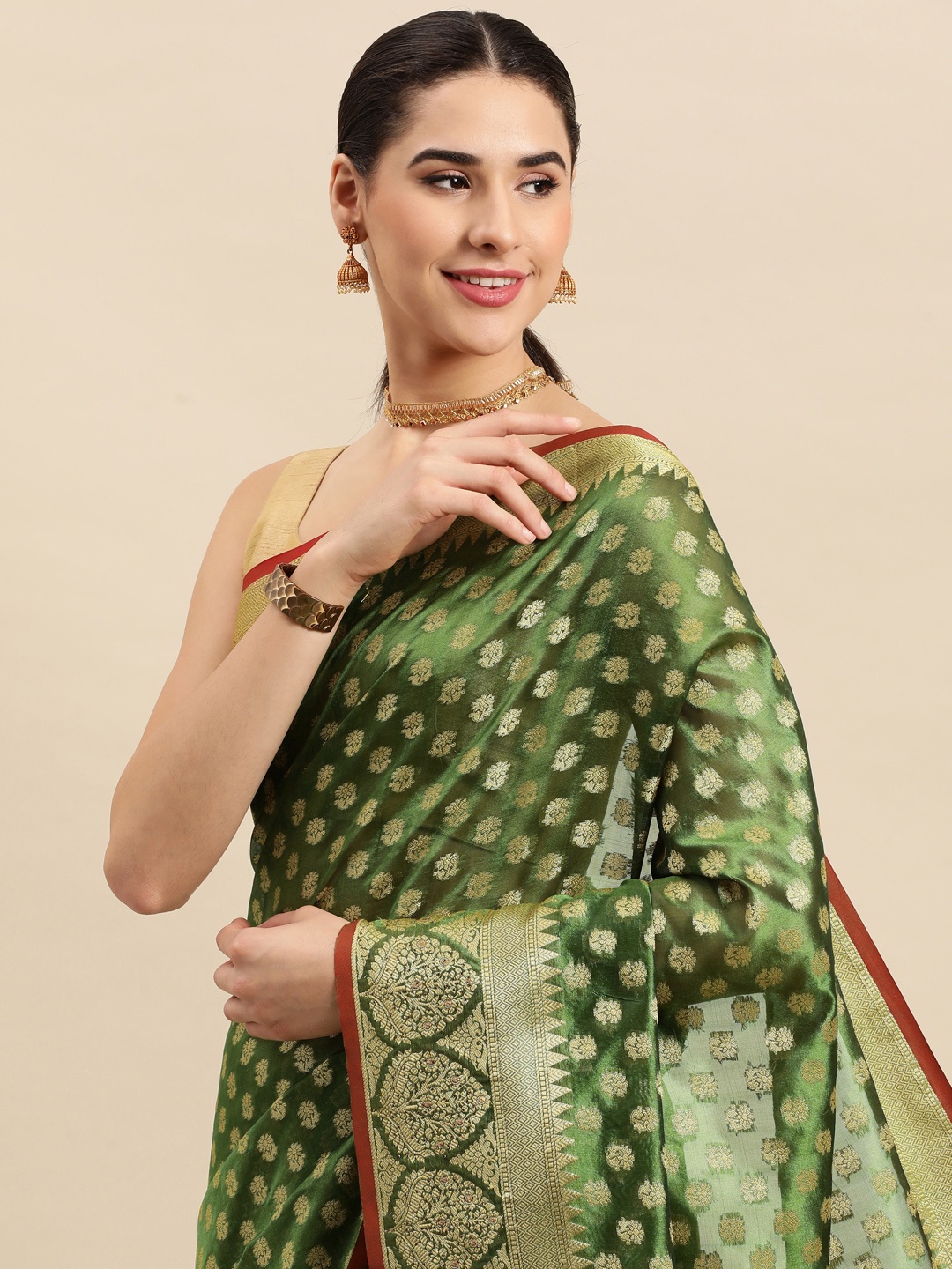 

SANGAM PRINTS Ethnic Motifs Woven Design Organza Saree, Green