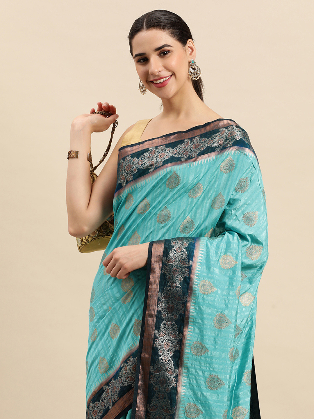

SANGAM PRINTS Ethnic Motifs Woven Design Pure Silk Saree, Blue