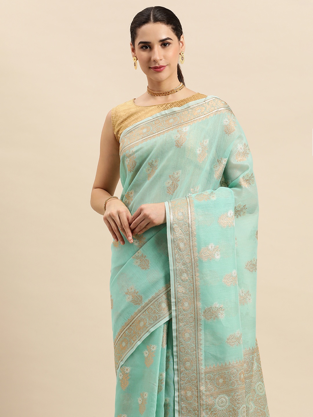 

SANGAM PRINTS Ethnic Motifs Cotton Saree, Sea green