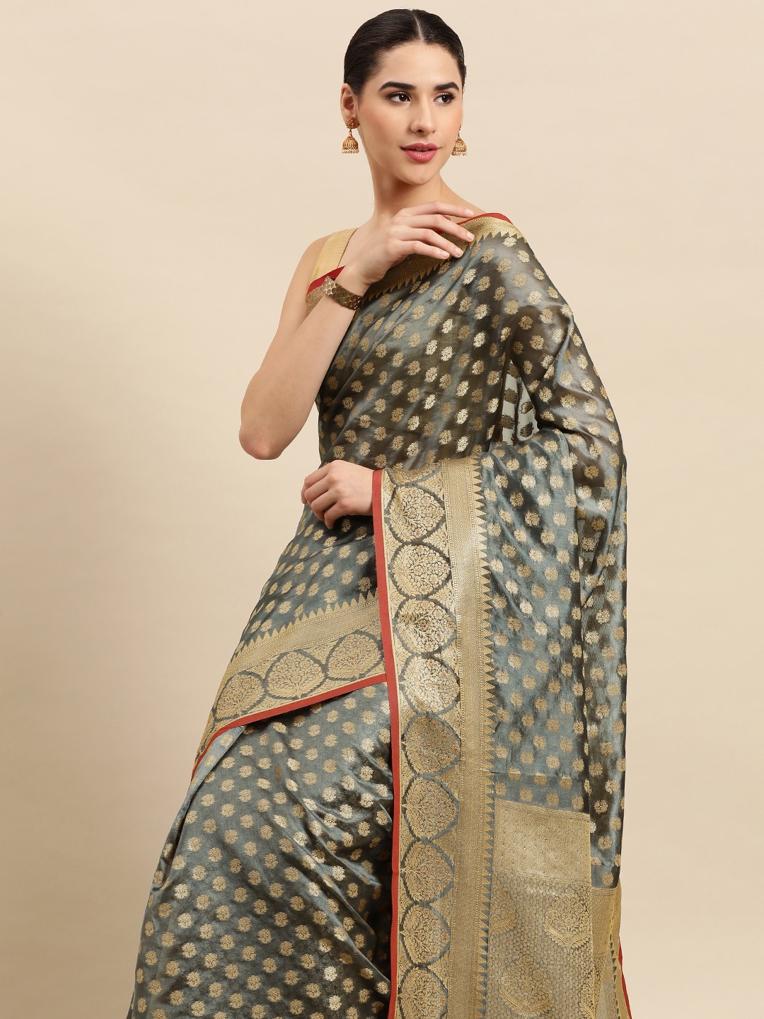 

SANGAM PRINTS Ethnic Motifs Woven Design Organza Saree, Charcoal