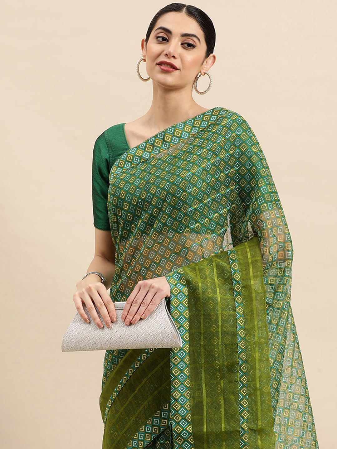 

SANGAM PRINTS Checked Silk Blend Kota Saree, Green