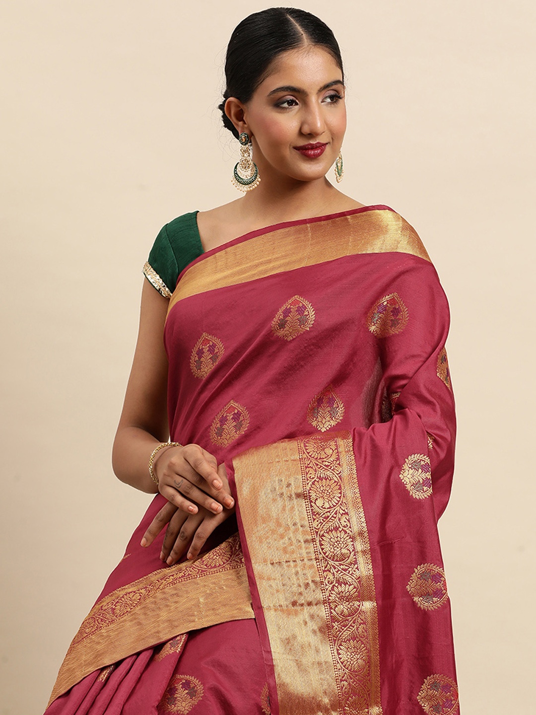 

SANGAM PRINTS Ethnic Motifs Woven Design Pure Silk Saree, Magenta