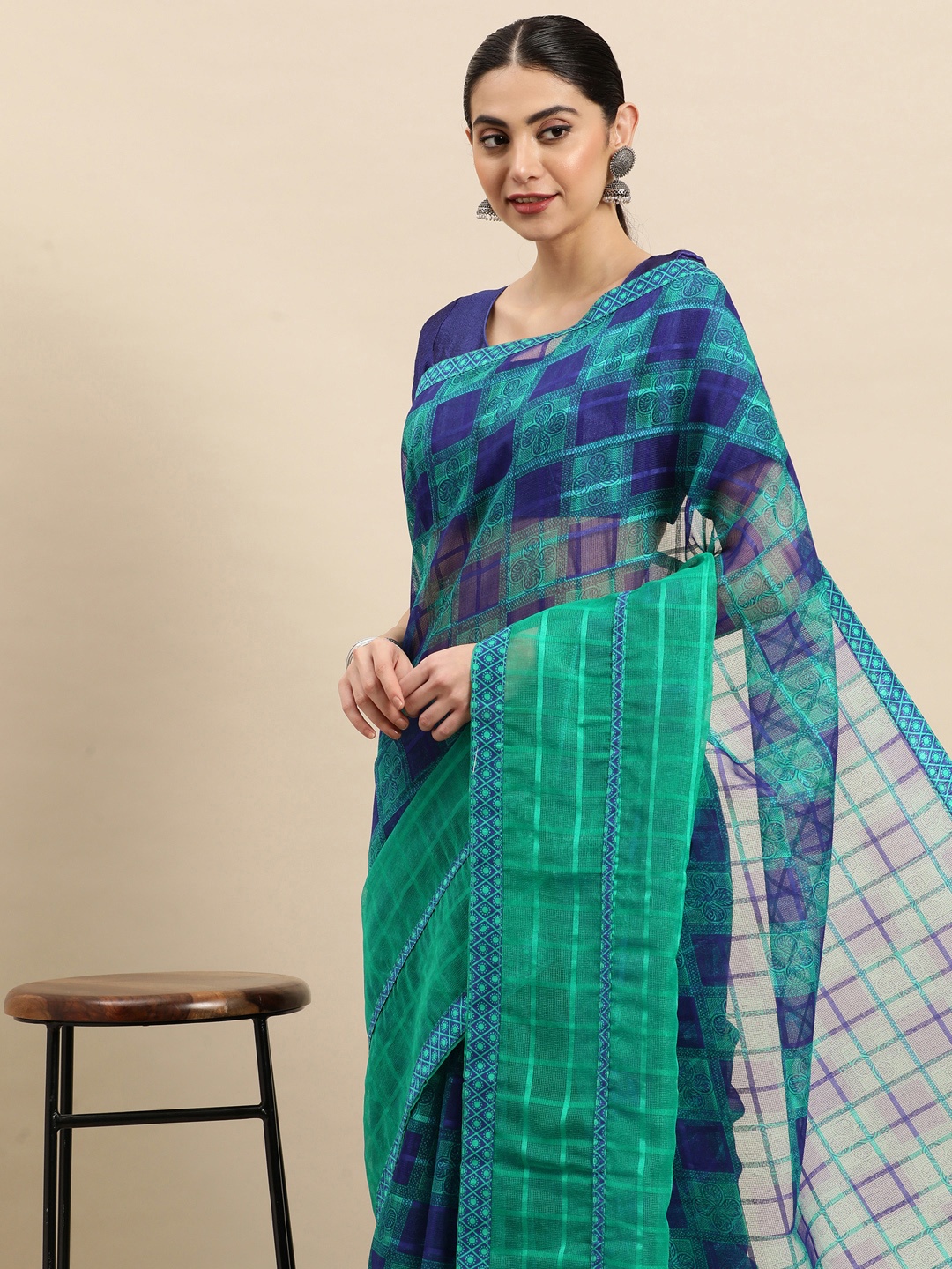 

SANGAM PRINTS Checked Silk Blend Kota Saree, Blue