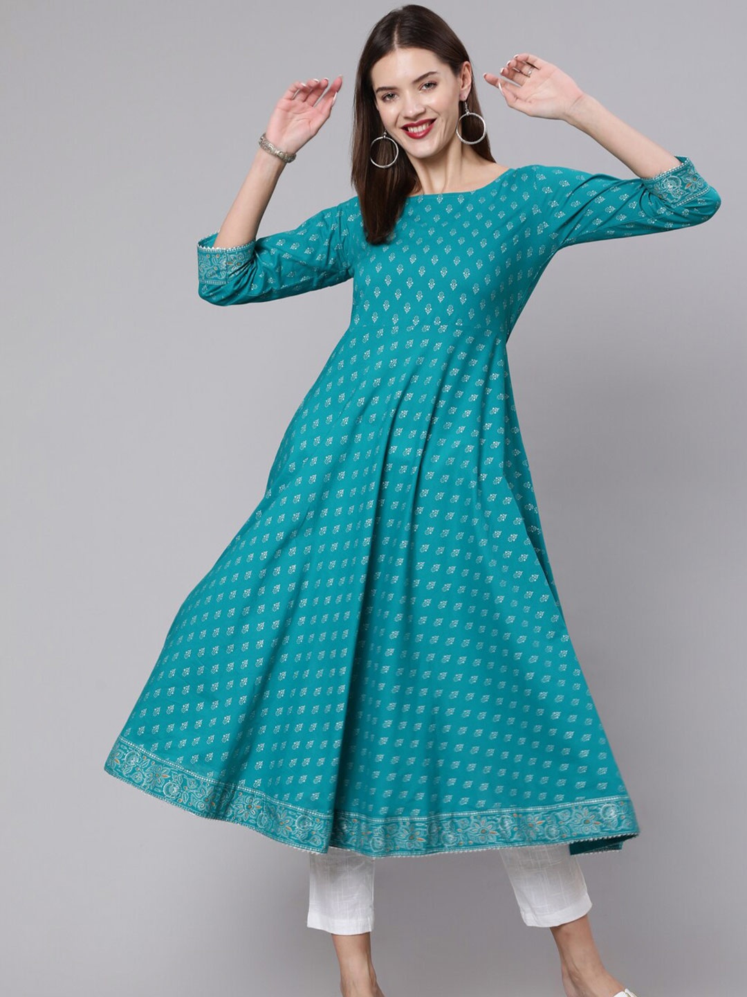 

Nayo Women Turquoise Blue Ethnic Motifs Printed A-line Kurta