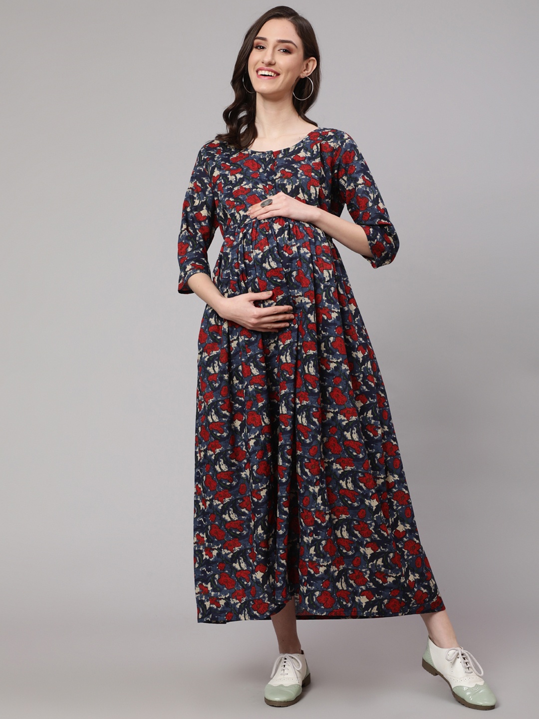 

Nayo Grey & Red Floral Maternity A-Line Cotton Midi Dress