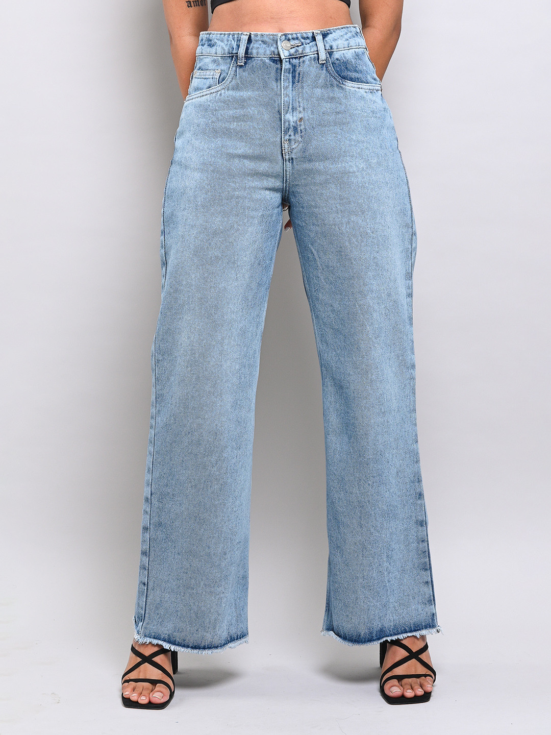 

FREAKINS Women Blue Wide Leg High-Rise Light Fade Cotton Jeans