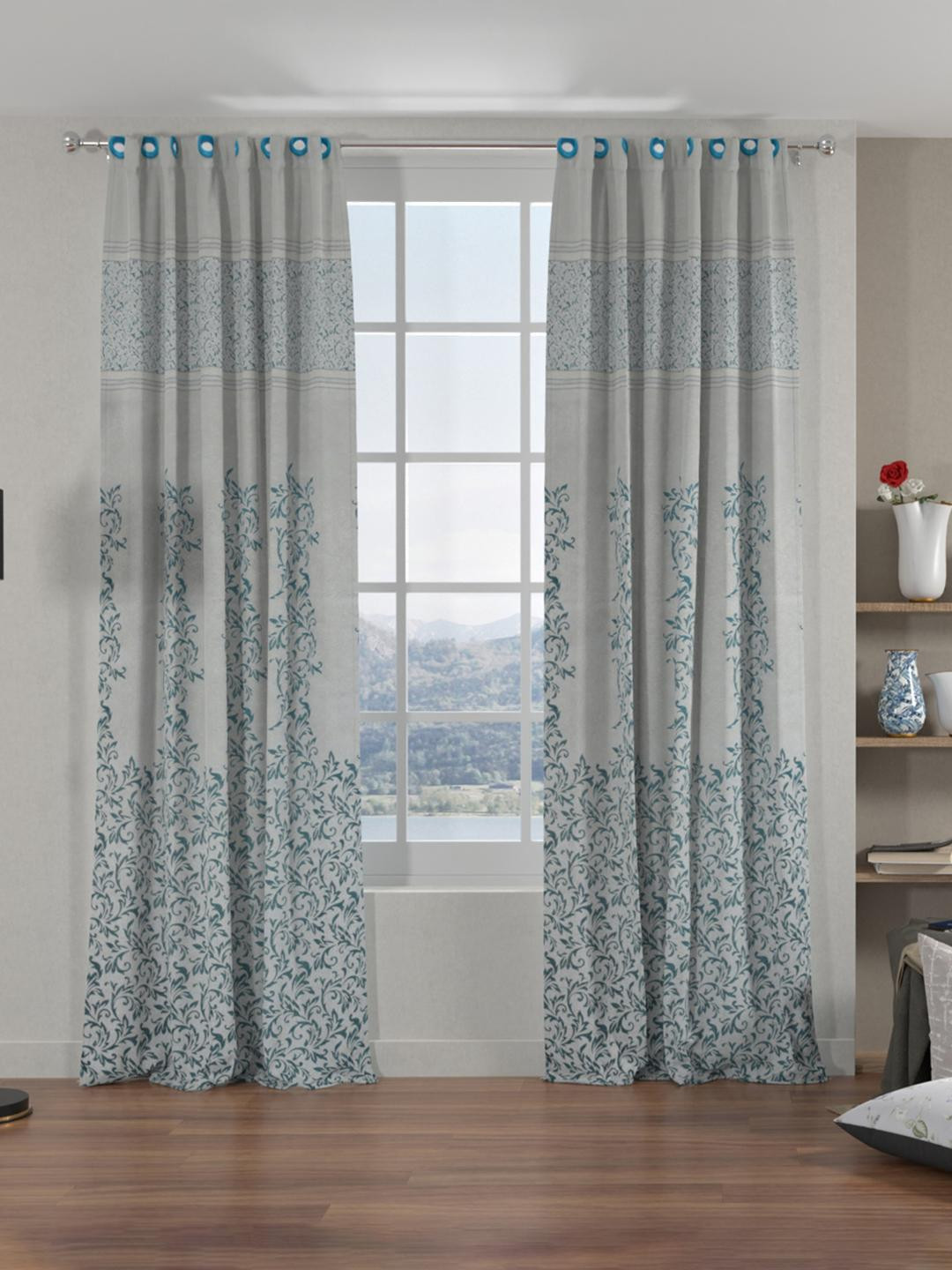 

Athome by Nilkamal Grace Jacquard Set Of 2 Ethnic Motifs Black Out Window Curtain, Sea green
