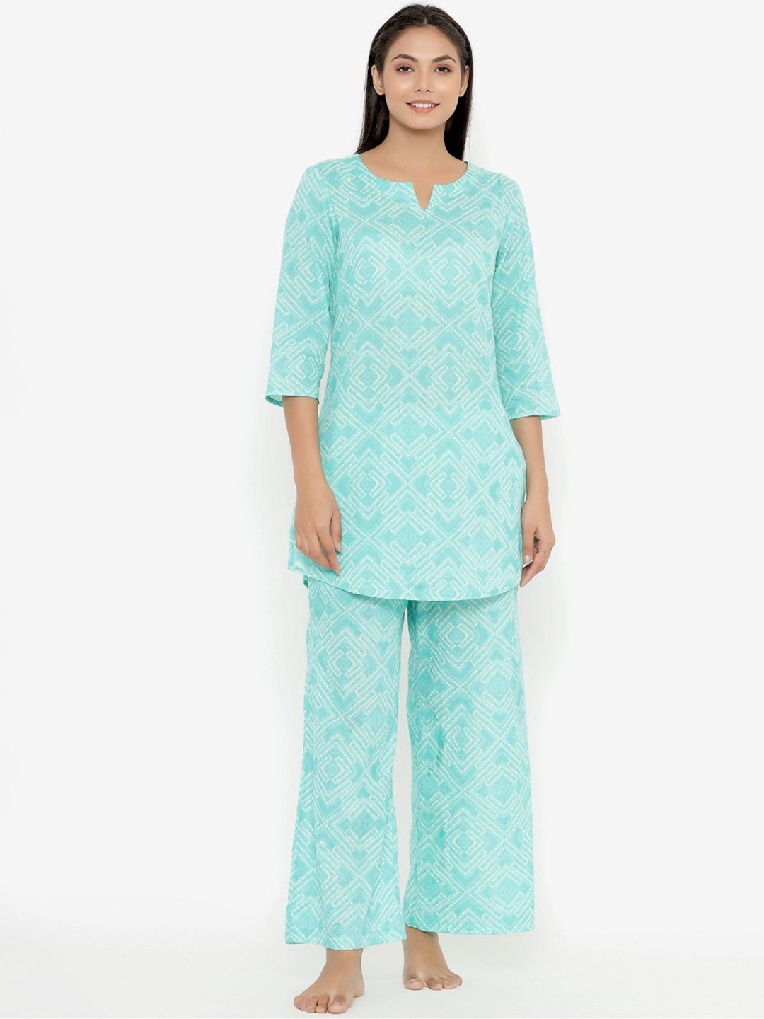 

JISORA Women Blue & White Printed Night suit