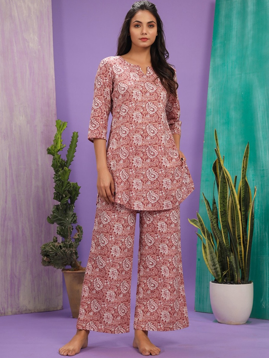 

JISORA Women Pink & Grey Printed Night suit