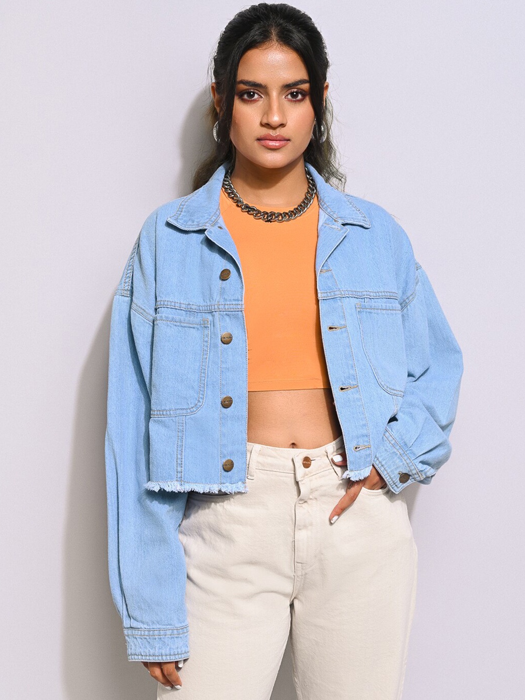 

FREAKINS Women Blue Crop Pure Cotton Denim Jacket