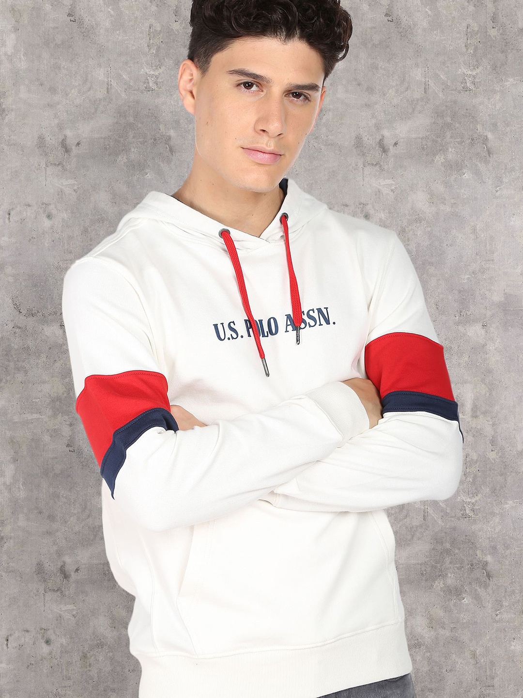 

U.S. Polo Assn. Denim Co. Men White Printed Pure Cotton Hooded Sweatshirt
