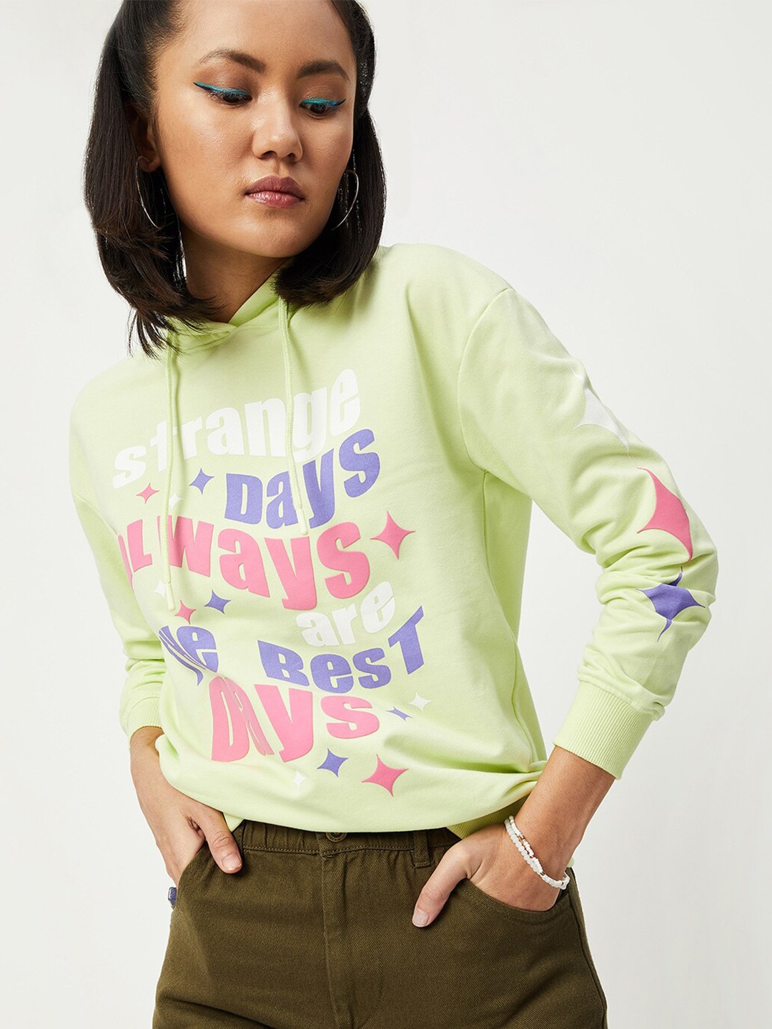 

max Women Sea Green Printed Hooded Sweatshirt