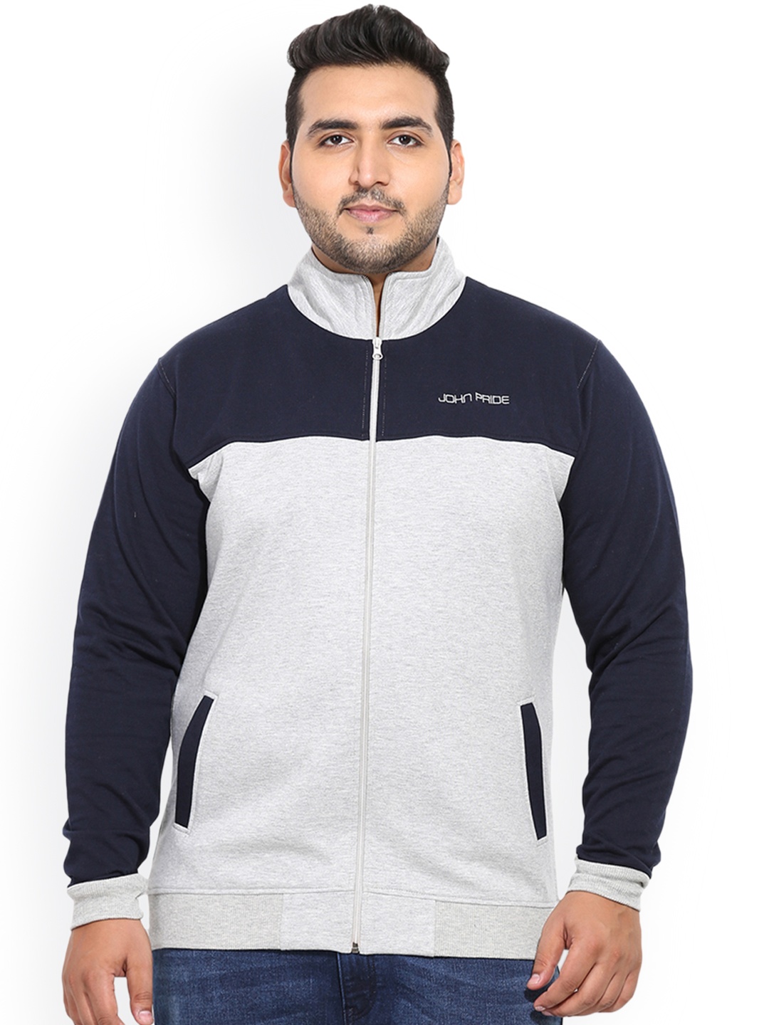 

John Pride Plus Size Men Grey Navy Blue Colourblocked Sweatshirt